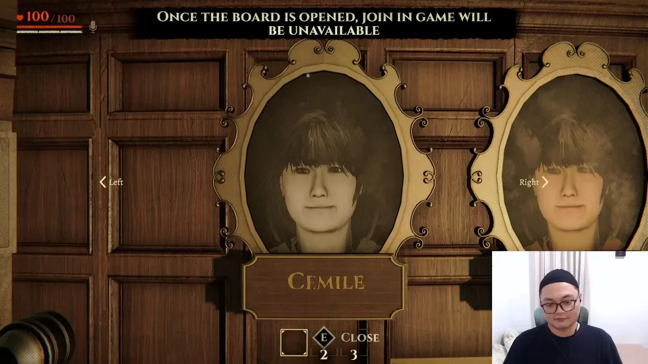 Invokyr how to change character: the portrait selector with Left and Right arrows and the E Close prompt