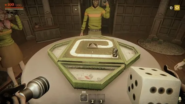 Invokyr how to play: movement die held beside the shared board in the wood-paneled game room